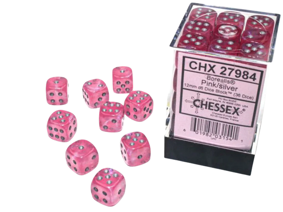 Chessex: 12mm d6 Dice Block - Borealis Pink/Silver Luminary